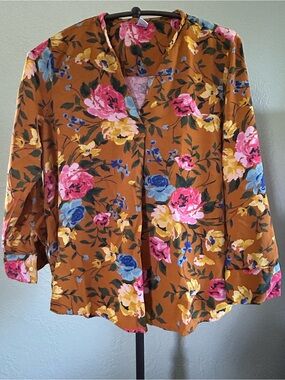 Old Navy Floral V-Neck Blouse in Mustard with Pink & Blue Flowers